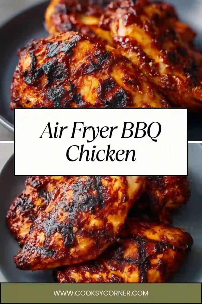 Air fryer BBQ chicken glazed with smoky barbecue sauce and caramelized edges.