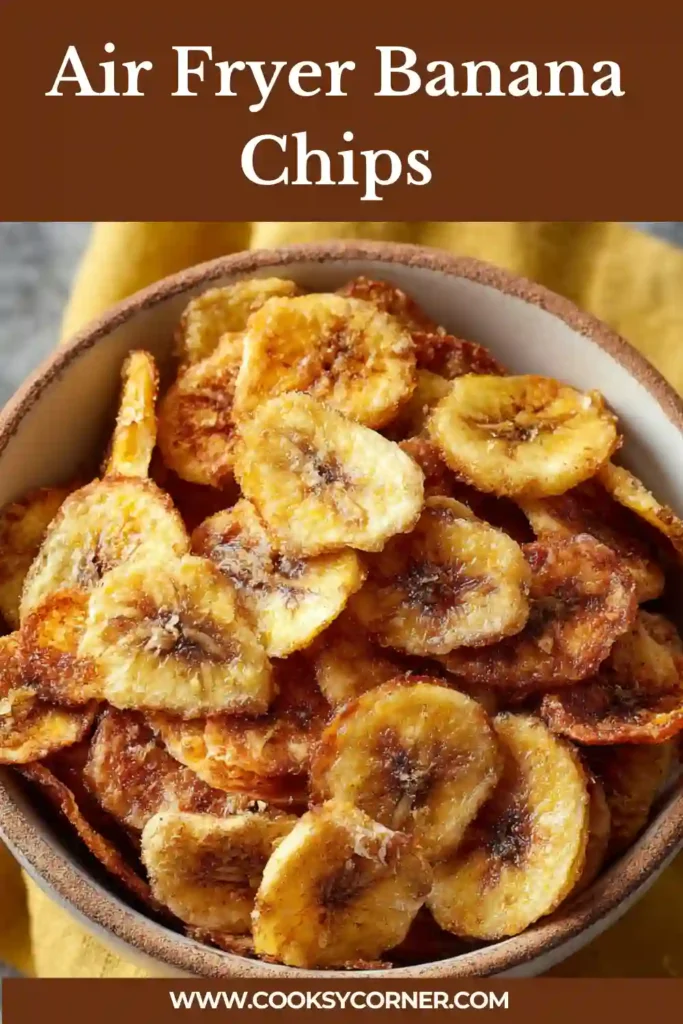 Crispy cinnamon sugar air fryer banana chips served in a bowl.