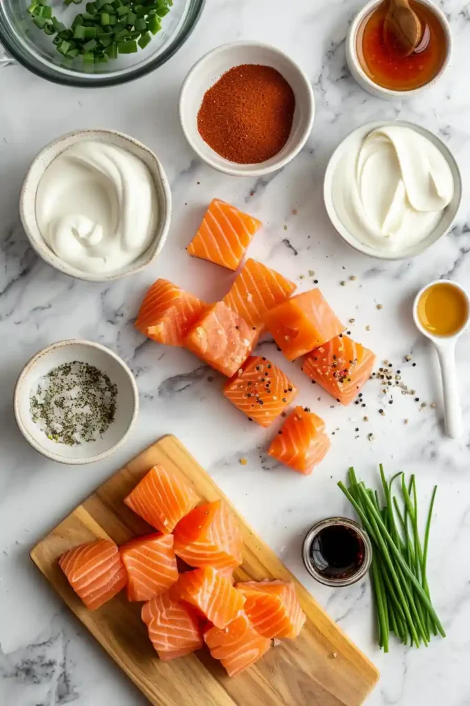 Bang bang salmon bites served over rice with extra sauce and chopped chives for garnish.