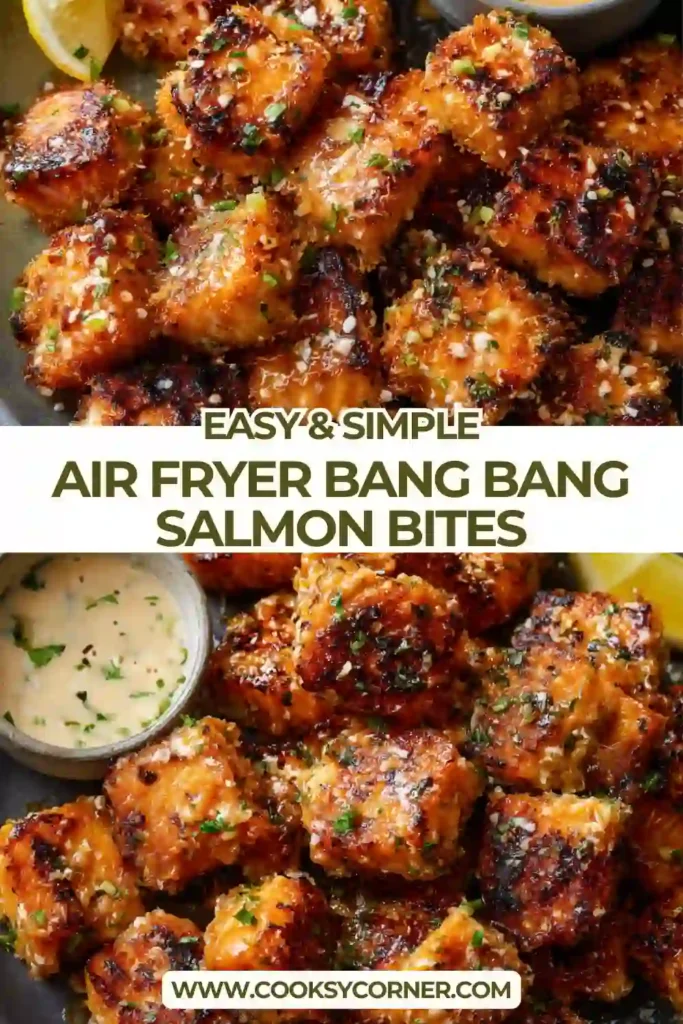 Golden brown salmon cubes cooked in air fryer and topped with creamy spicy sauce.