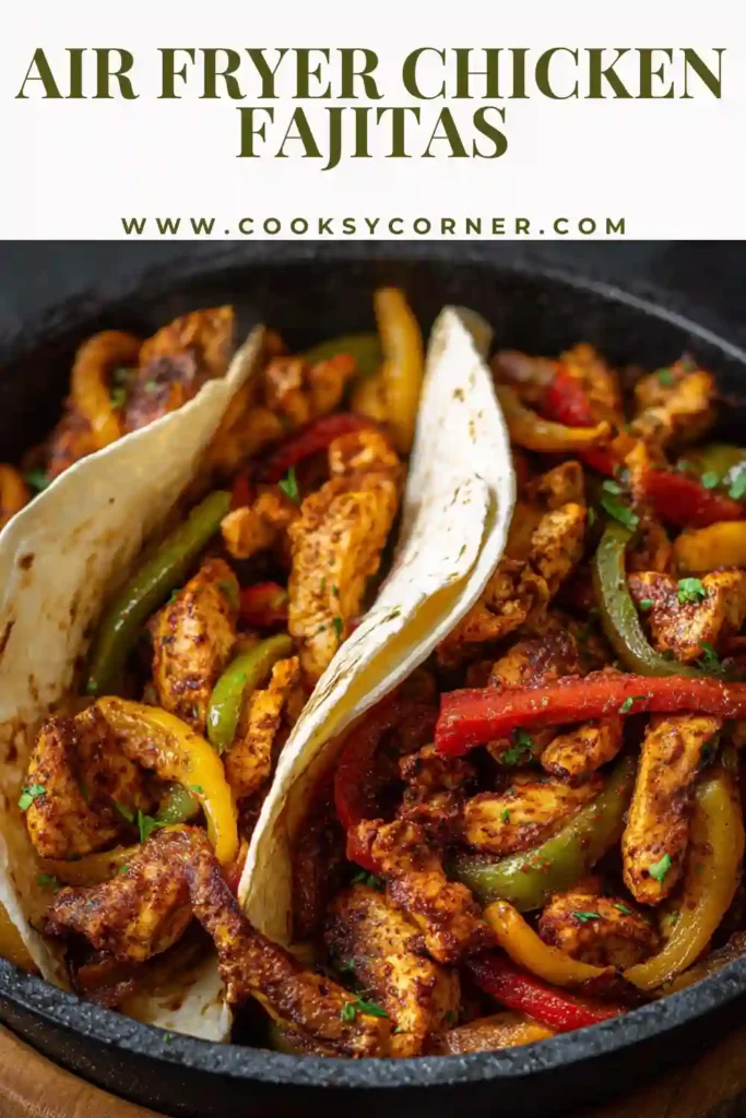 Juicy chicken fajitas cooked in the air fryer with colorful vegetables.