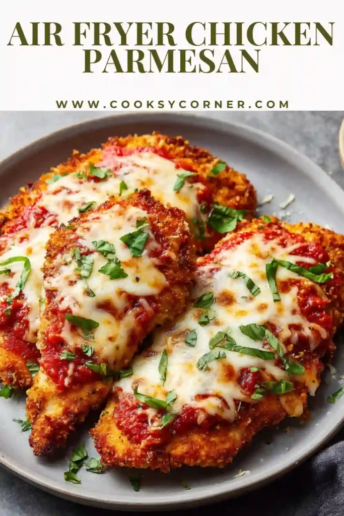 Homemade chicken parmesan cooked in the air fryer and topped with marinara and parsley.