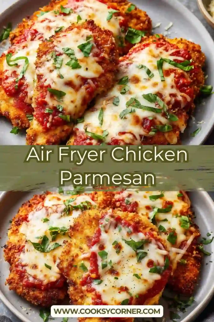 Air fryer chicken parmesan with crispy breaded chicken, marinara sauce, and melted mozzarella cheese.