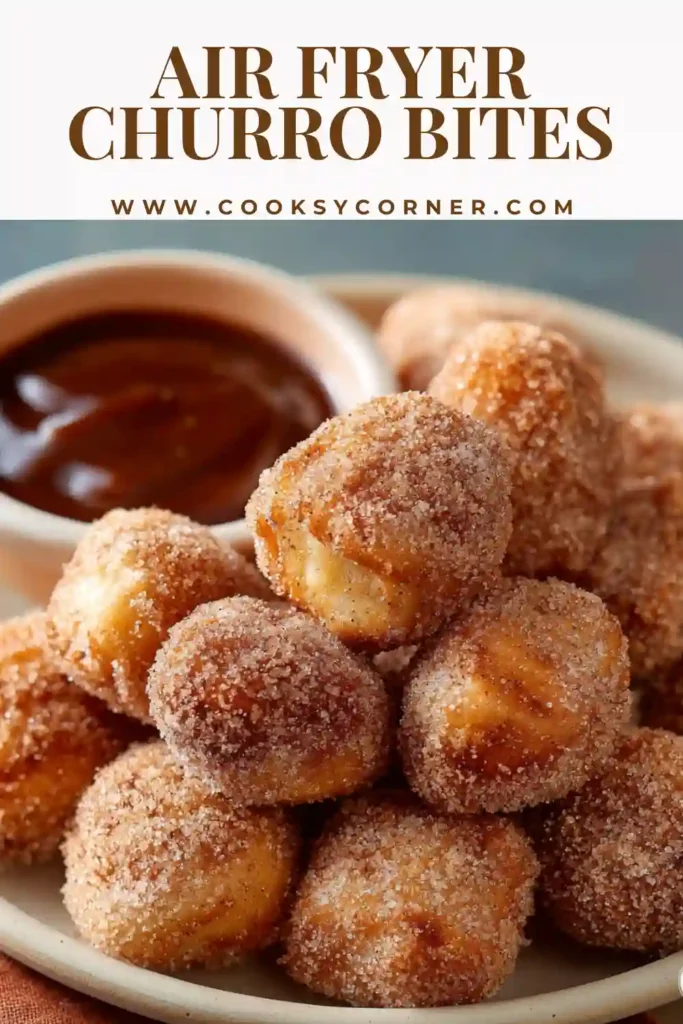 Close-up of golden brown air fryer churro bites dusted with cinnamon sugar.