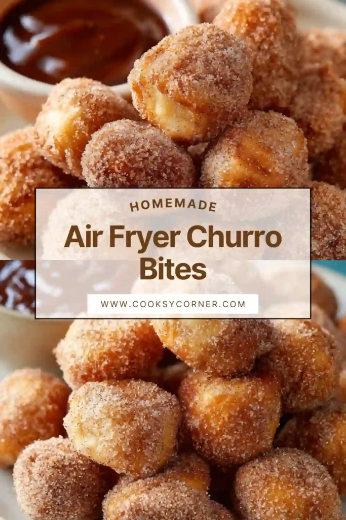 Freshly cooked air fryer churro bites coated in cinnamon sugar served in a bowl with chocolate dipping sauce.