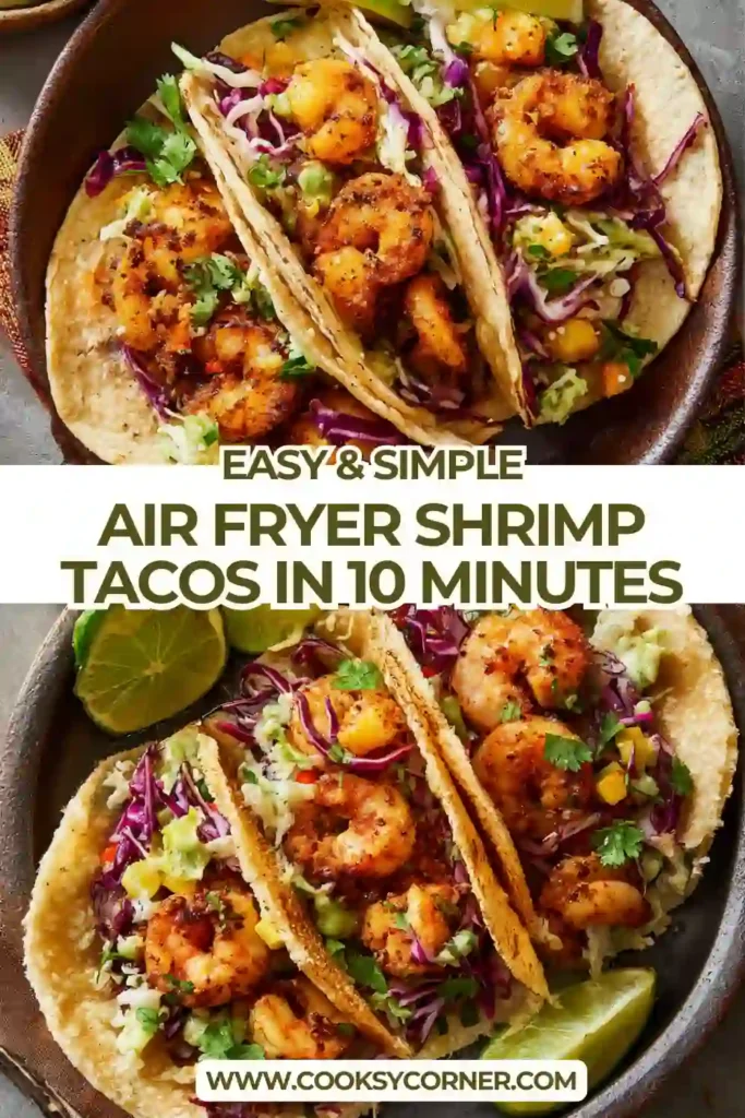 Air fryer shrimp tacos served with mango avocado salsa and guacamole in warm tortillas on a plate. The shrimp look juicy and perfectly seasoned.