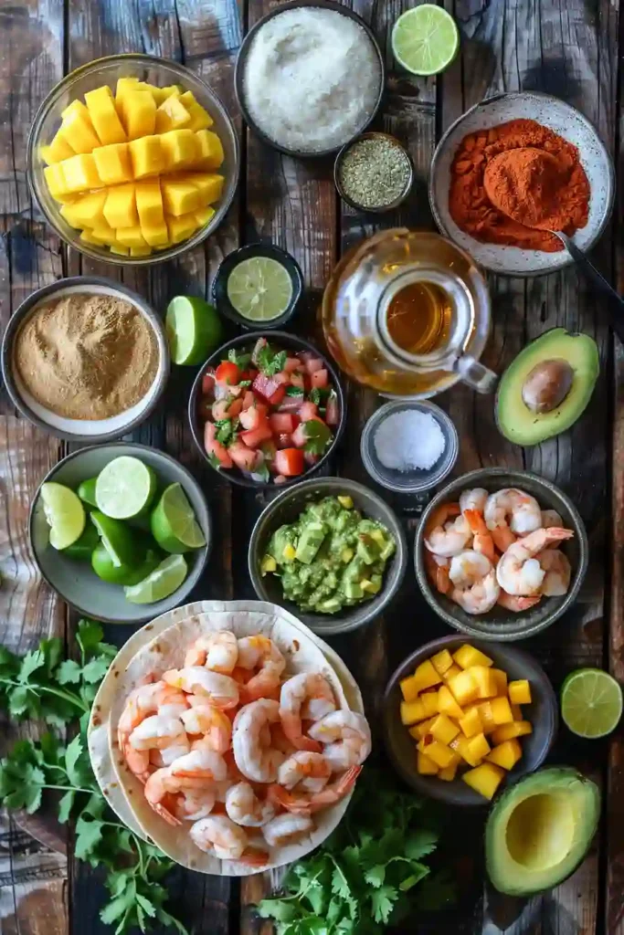 Fresh shrimp tacos made in an air fryer, garnished with avocado salsa and herbs for a bright, appetizing look.