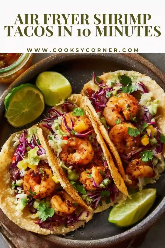 Close-up of healthy air fryer shrimp tacos topped with fresh cilantro and vibrant salsa. A quick and colorful taco meal.