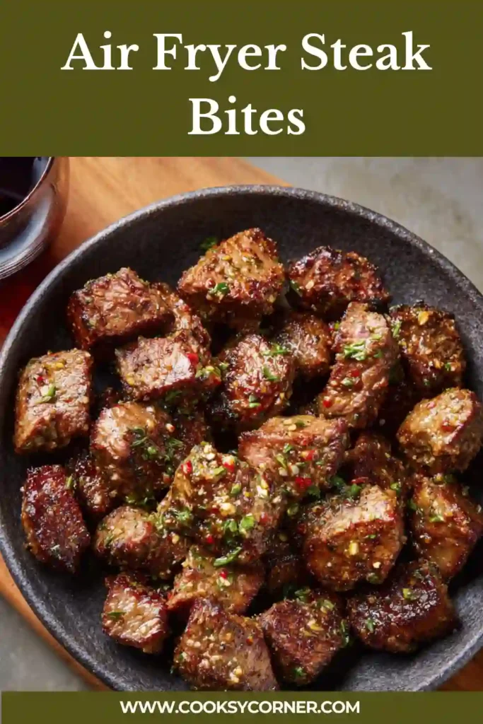 Air fryer steak bites tossed in garlic butter and herbs.