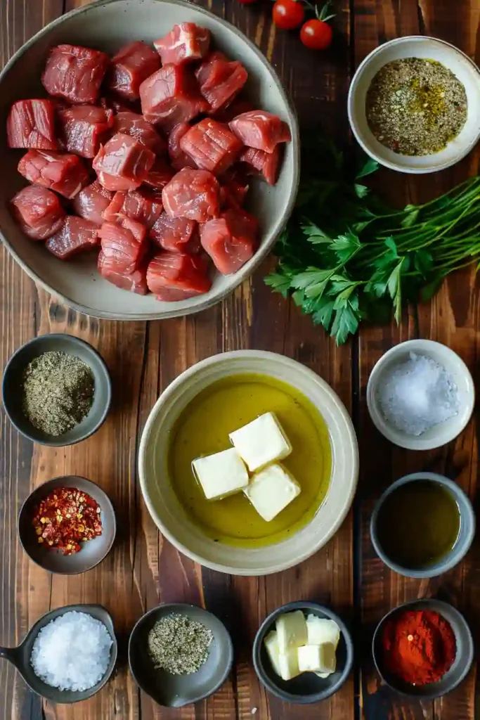 Tender sirloin steak bites with seasoning and herbs.