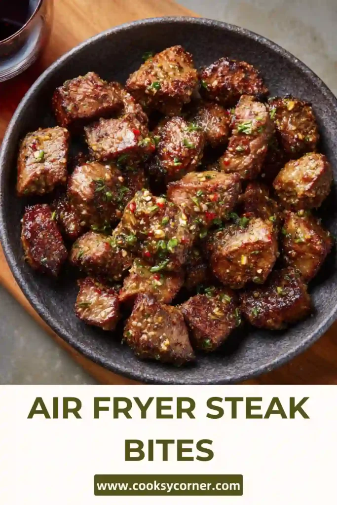 Juicy steak cubes cooked in the air fryer with crispy edges.