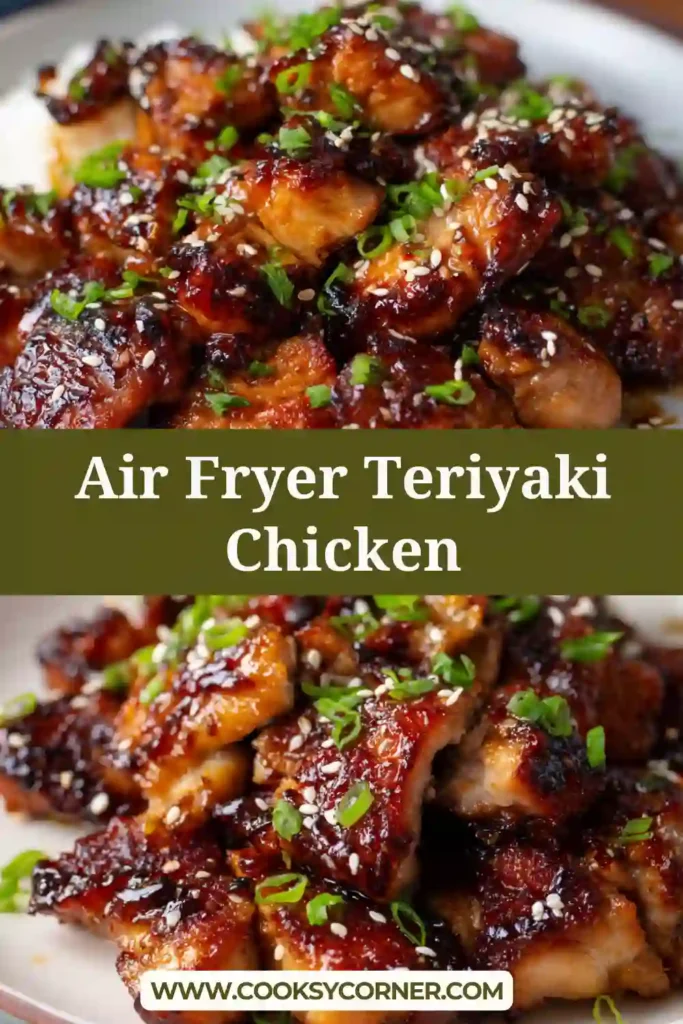 Close-up of juicy teriyaki chicken cooked in an air fryer with a thick, shiny glaze and sesame seeds.