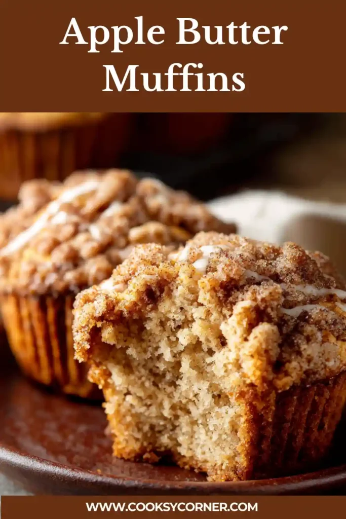 Bakery style apple butter muffins with crunchy streusel and sweet glaze, perfect for fall breakfast or brunch.