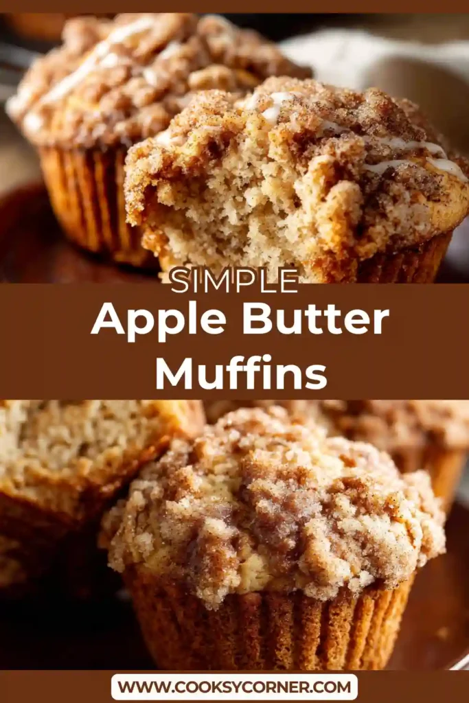 Soft apple butter muffins with crumbly cinnamon streusel topping and light glaze served on a wooden table.