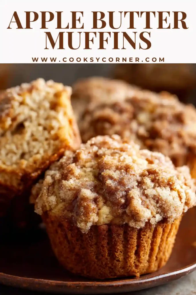 Freshly baked Apple Butter Muffins topped with cinnamon streusel and drizzled with apple cider glaze on a rustic baking tray.