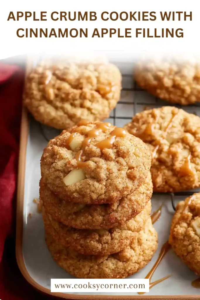 Soft apple crumb cookies topped with buttery streusel and filled with cinnamon spiced apples on a baking tray.