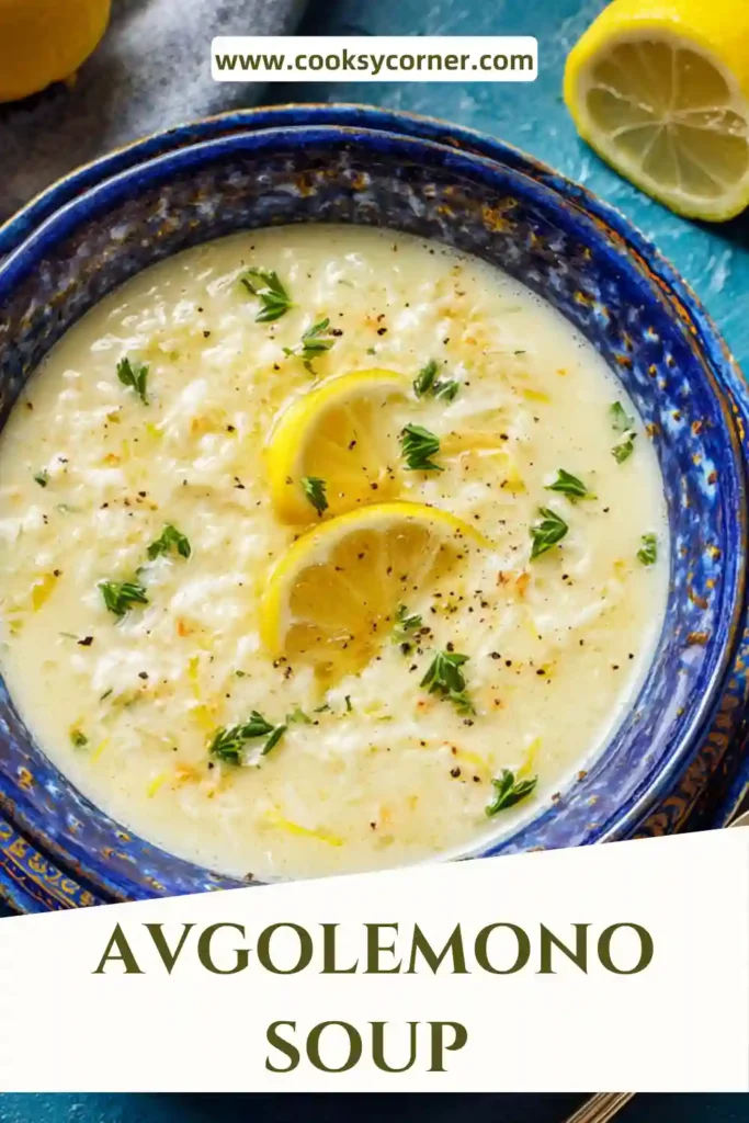 Greek avgolemono soup served in a bowl with shredded chicken, rice, and lemon broth garnished with parsley. The soup is creamy and bright with Mediterranean flavors.