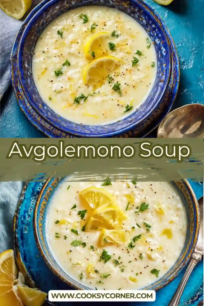 Close-up of Greek lemon chicken soup with rice and parsley garnish. The soup has a smooth creamy texture created by the egg lemon sauce.