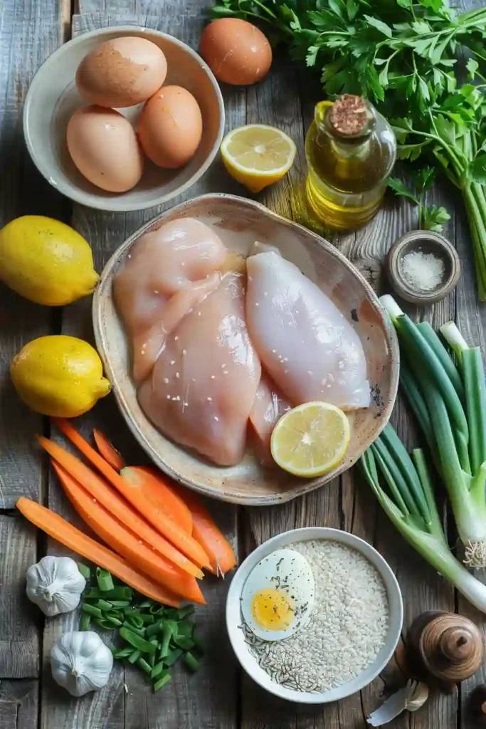 Bowl of avgolemono soup with tender chicken pieces and rice in a bright lemon broth.
