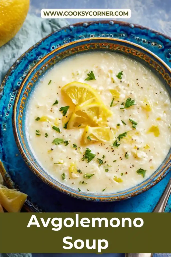 Homemade avgolemono soup with chicken and rice in a lemon egg broth. A traditional Greek lemon chicken soup served warm.