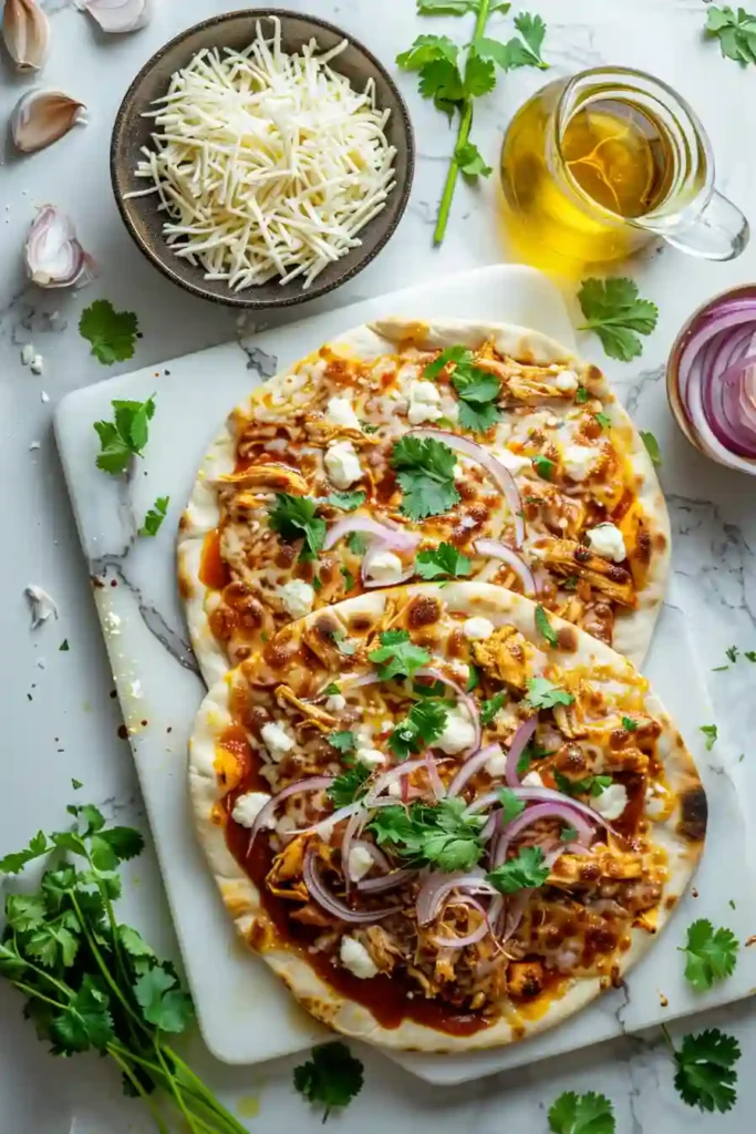 Freshly baked BBQ chicken flatbread with vibrant toppings.