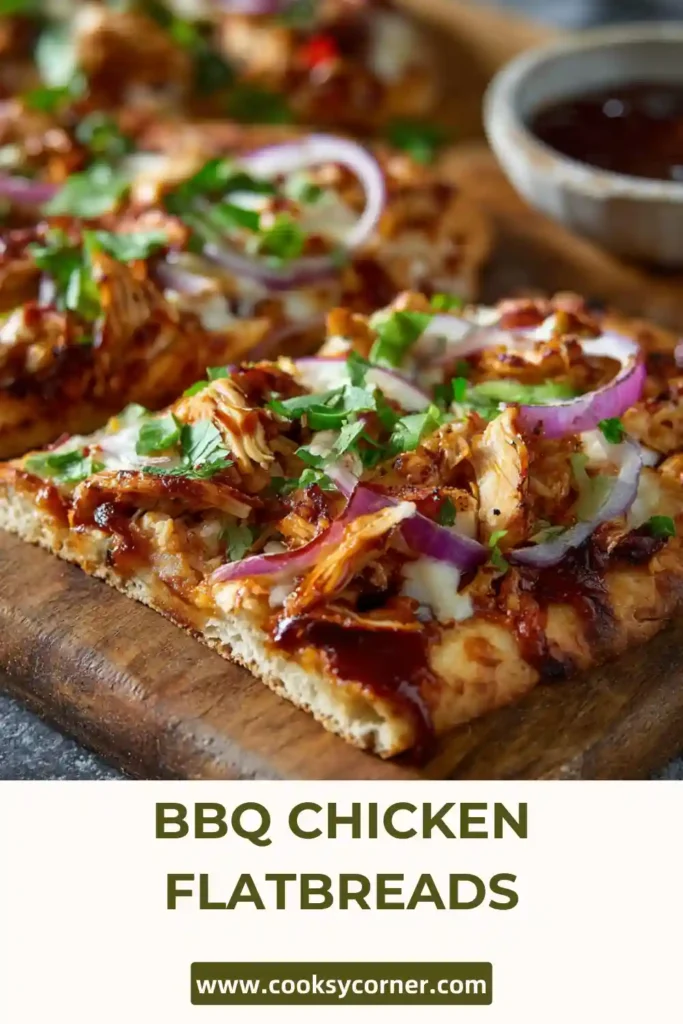 Crispy flatbread pizza topped with BBQ chicken and melted cheese.