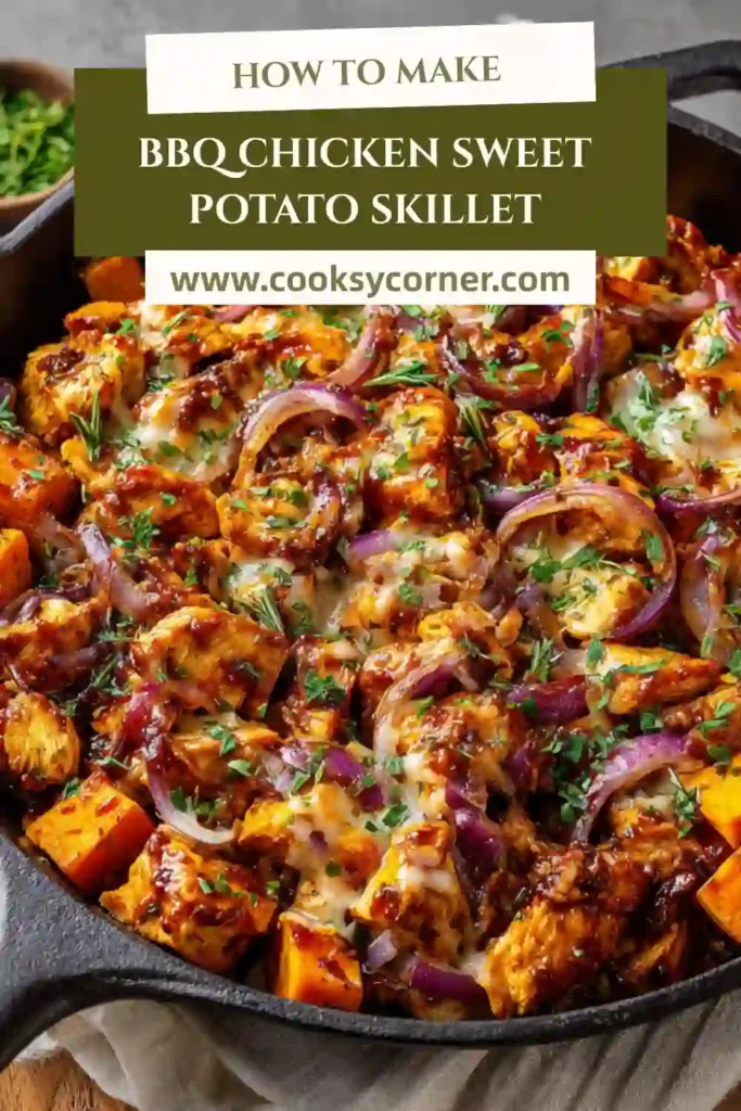 Homemade BBQ Chicken Sweet Potato Skillet showing tender sweet potatoes and juicy chicken coated in rich BBQ sauce.