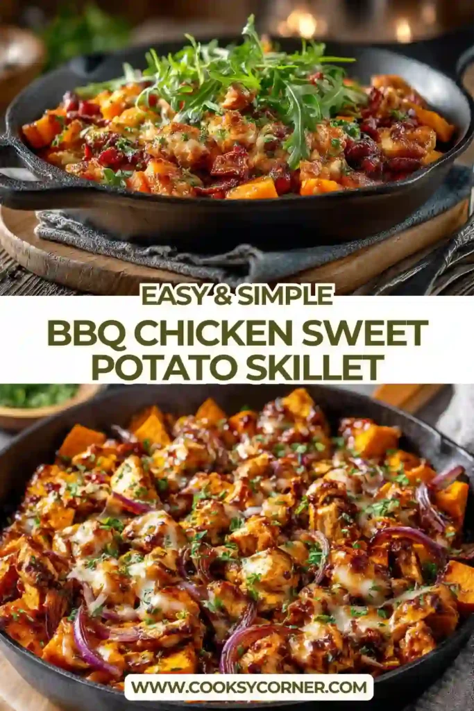 Close-up of BBQ chicken mixed with roasted sweet potatoes and melted cheese, garnished with fresh green onions.