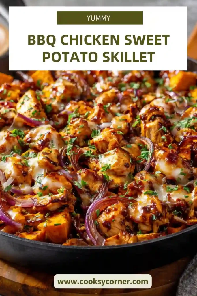 BBQ Chicken Sweet Potato Skillet with melted cheese, corn, and green onions in a cast iron pan. A hearty and colorful one-pan dinner.