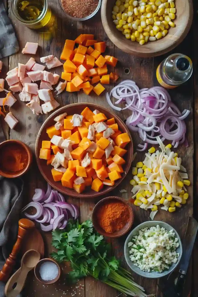 One-pan BBQ chicken skillet dish with vibrant vegetables and gooey cheese topping ready to serve.