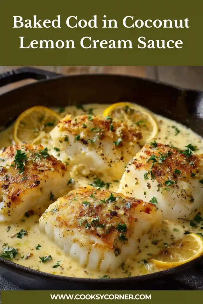Flaky cod cooked in coconut milk with lemon and garlic. Creamy and fresh presentation.