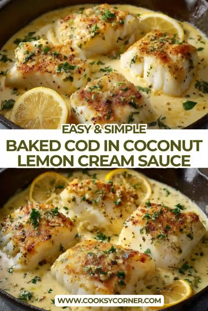 Flaky cod cooked in coconut milk with lemon and garlic. Creamy and fresh presentation.