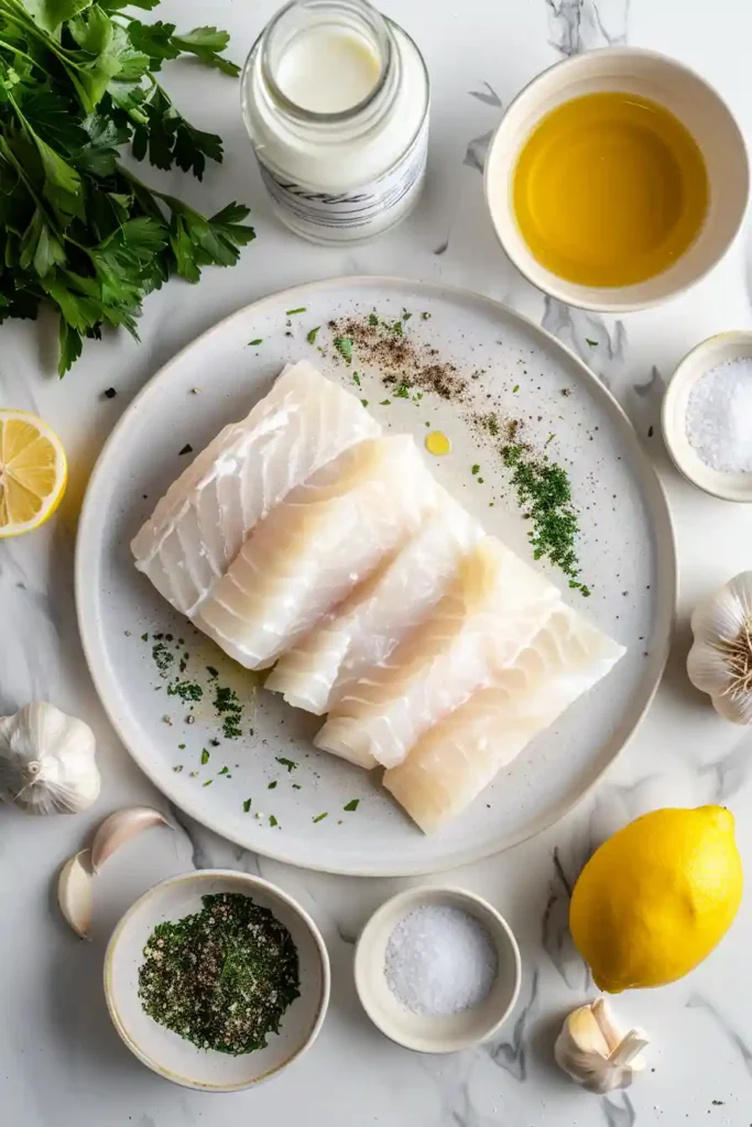 Flaky cod cooked in coconut milk with lemon and garlic. Creamy and fresh presentation.