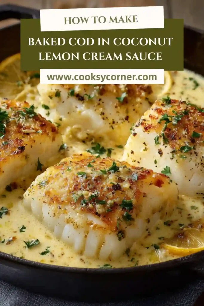 Baked cod fillets in creamy coconut lemon sauce garnished with parsley in a skillet. Light and flavorful seafood dish.