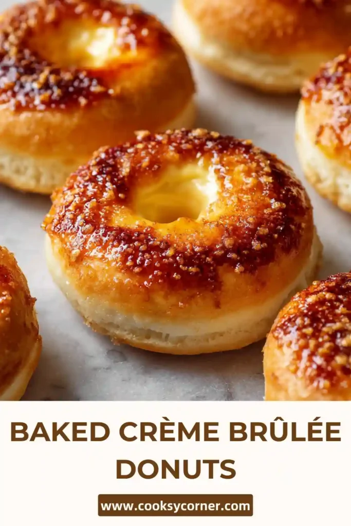 Close-up of baked donuts filled with vanilla pastry cream and topped with crackly caramel layer.