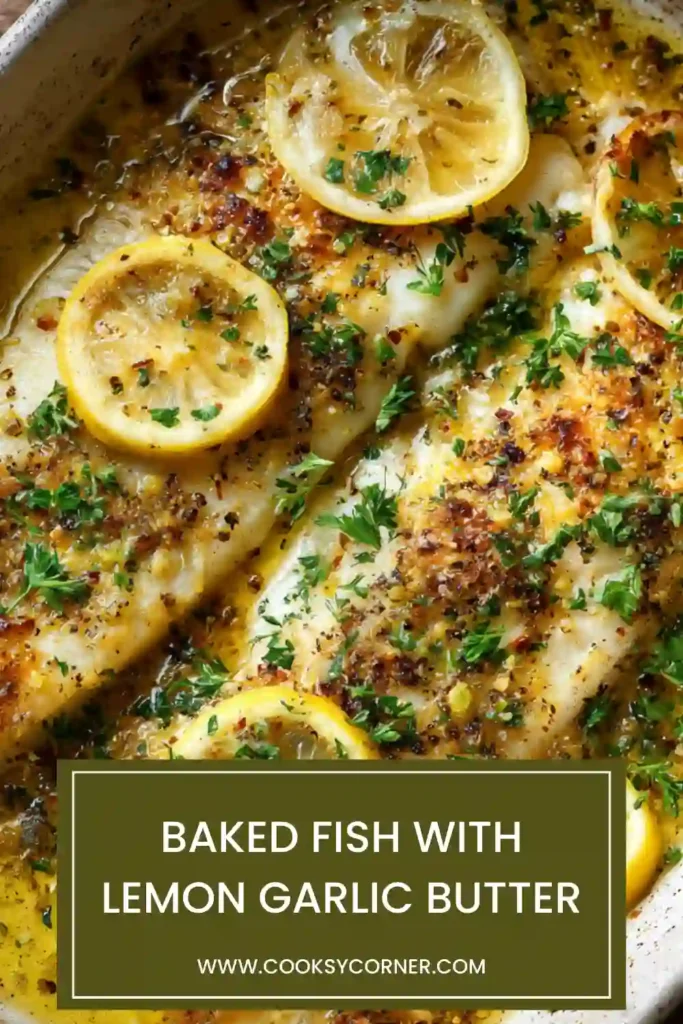 Flaky baked fish fillet served with lemon slices and herbs.
