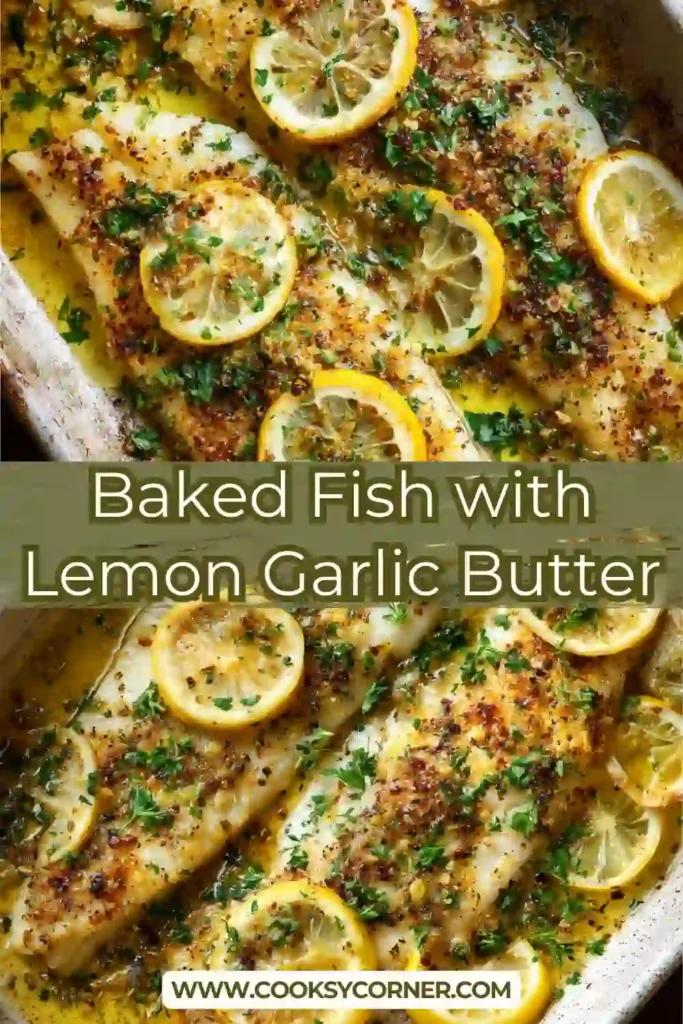 Baked white fish fillets with lemon slices and garlic butter in a baking dish.