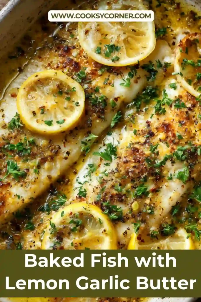Oven baked fish topped with lemon garlic butter sauce and parsley.