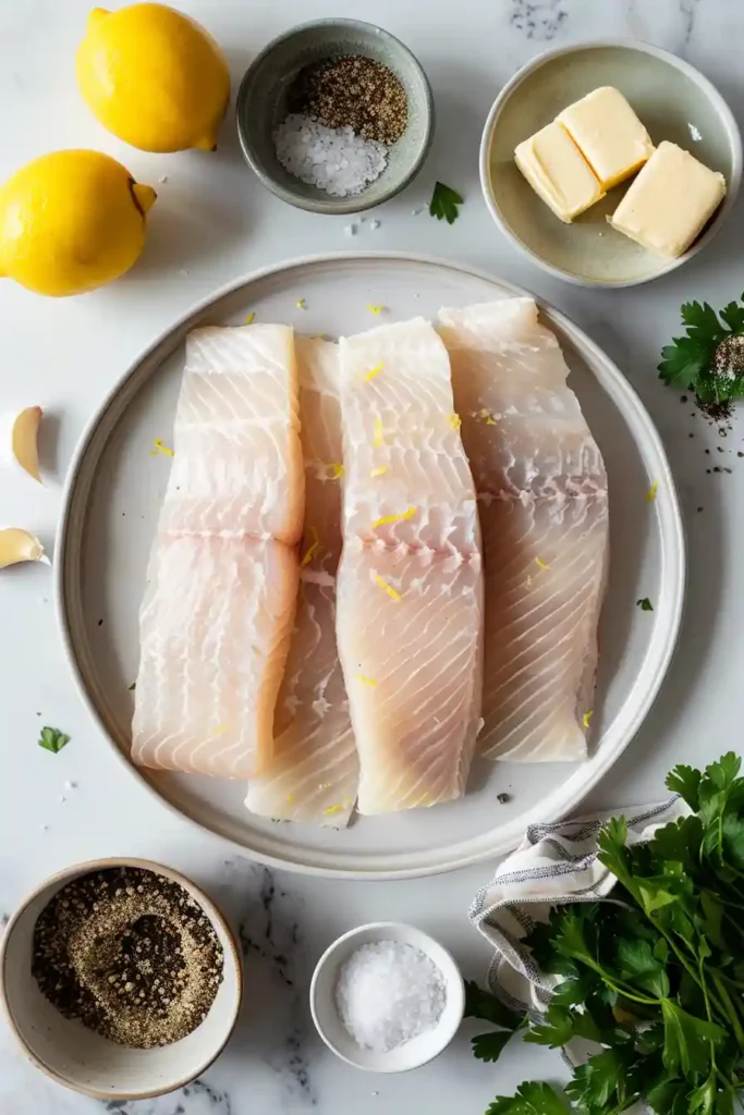 Healthy baked fish with garlic butter and fresh lemon.