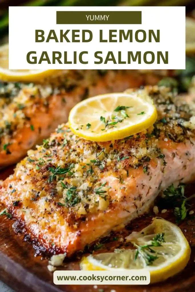 Close-up of baked lemon garlic salmon with herbs and lemon slices. The salmon looks juicy and flaky with a buttery garlic coating.