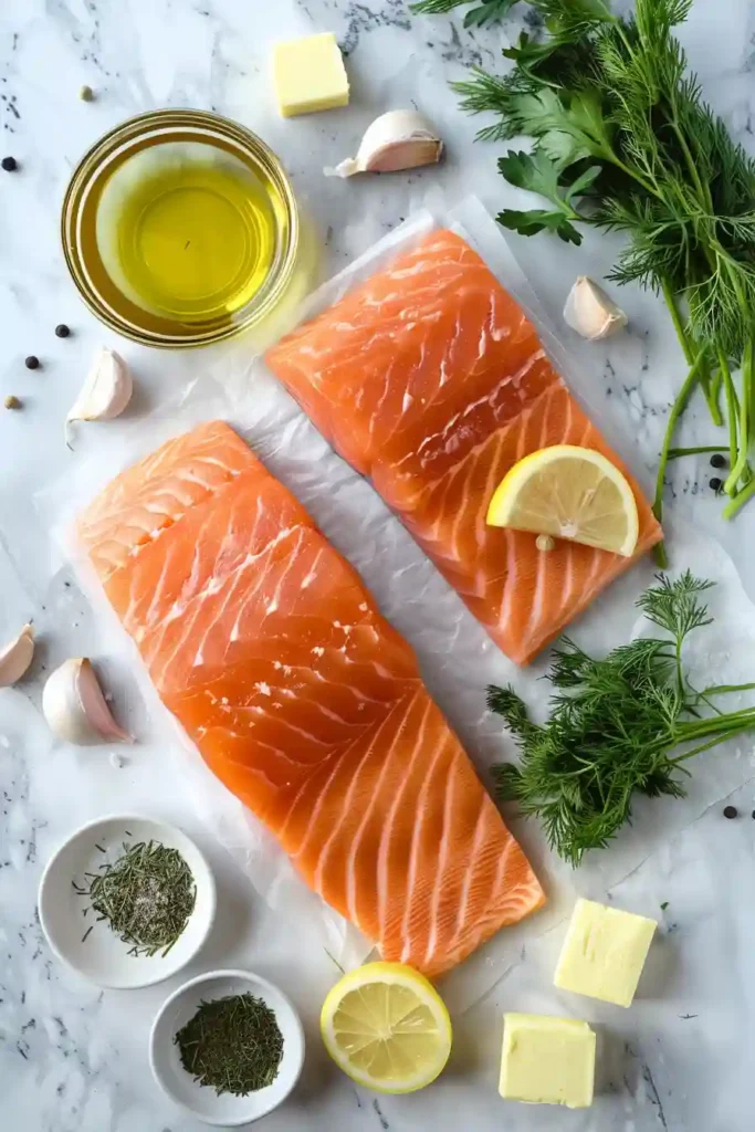 Healthy baked lemon garlic salmon served with roasted vegetables and fresh herbs. The salmon fillets have a light golden color and aromatic herb topping.