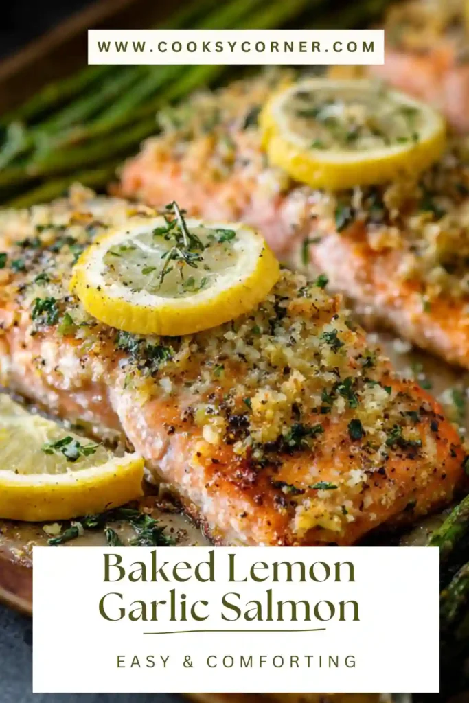 Golden baked lemon garlic salmon fillets topped with fresh herbs and lemon slices on a baking tray. The salmon appears flaky and tender with a glossy garlic butter glaze.