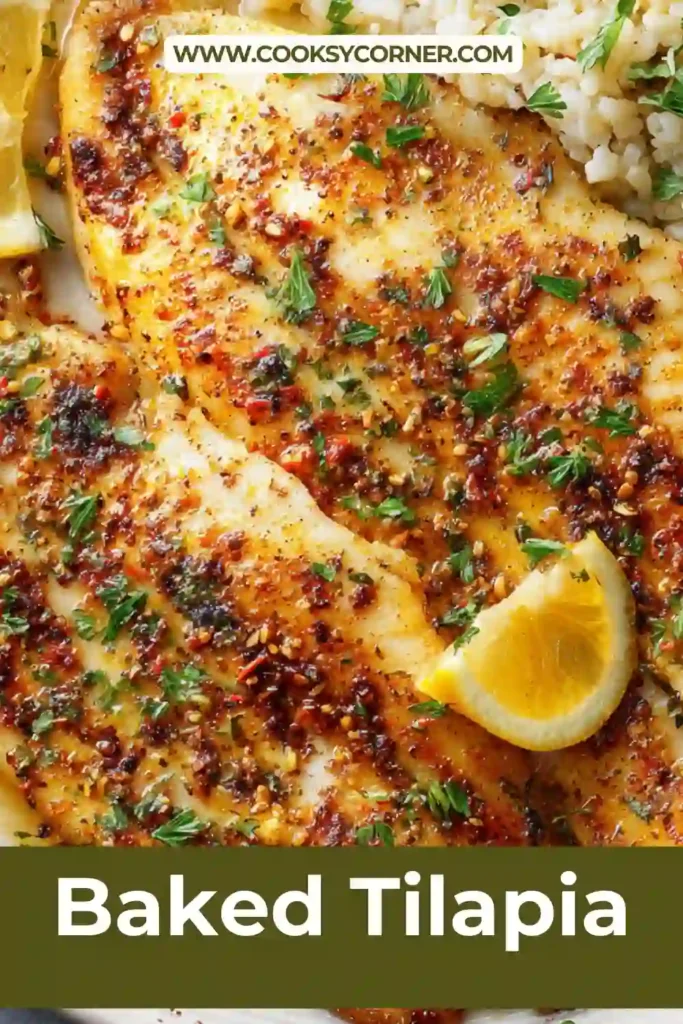 Close-up of baked tilapia with lemon and herbs.