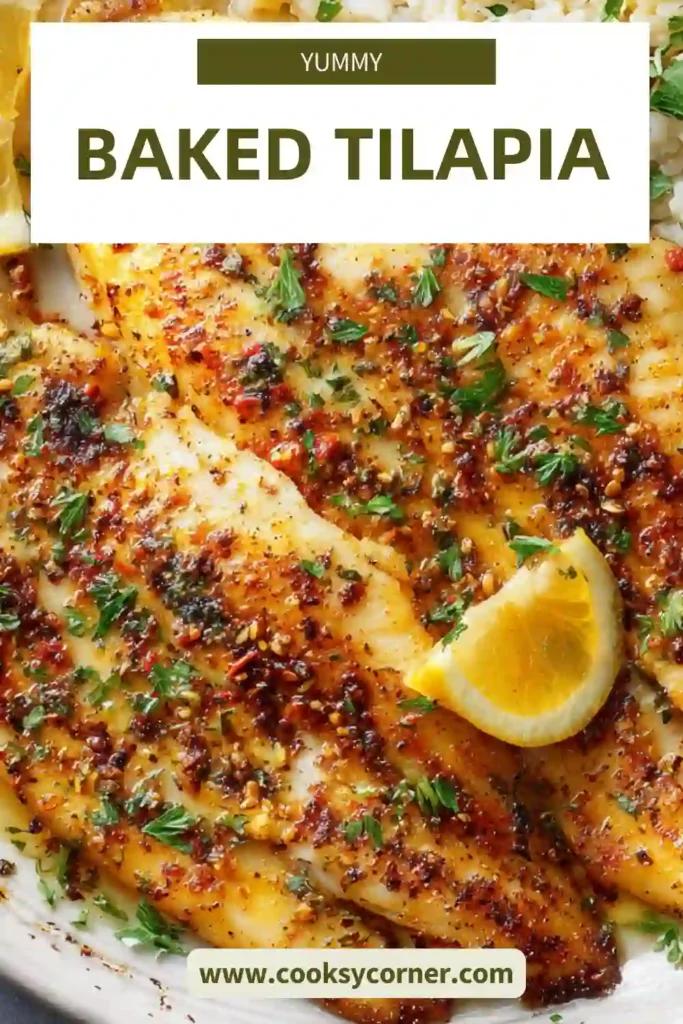 Garlic butter baked tilapia with flaky texture and golden edges.