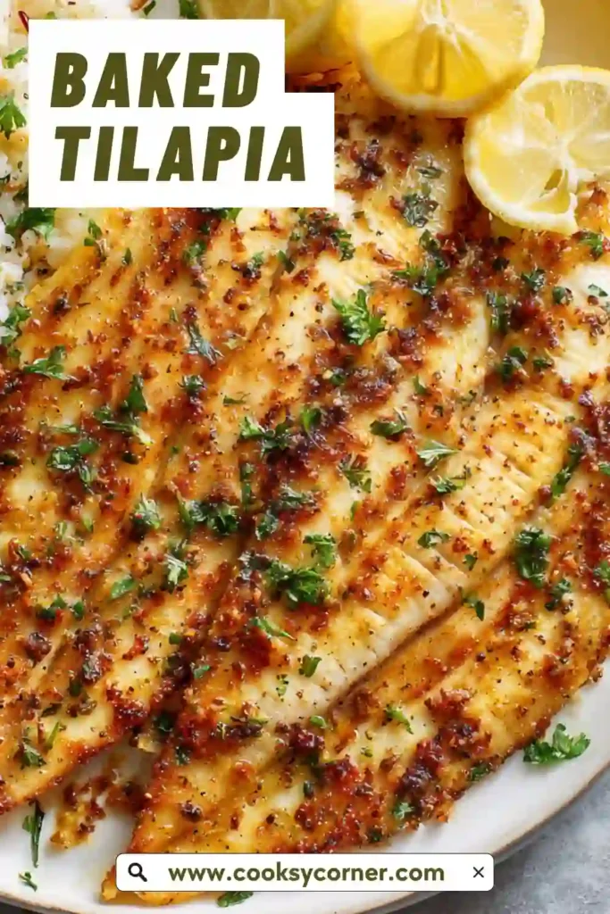 Oven baked tilapia fillets topped with lemon slices and fresh parsley in a baking dish.
