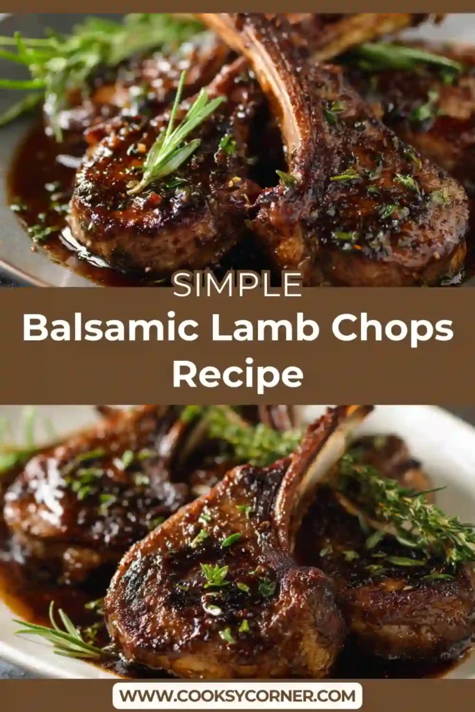 Close-up of juicy balsamic lamb chops cooked in a cast iron skillet with a rich brown sugar and balsamic vinegar sauce.