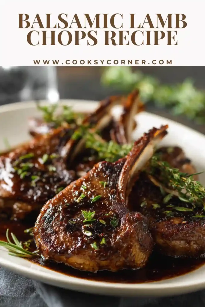Tender lamb rib chops glazed with sweet balsamic sauce and garnished with parsley on a serving platter.