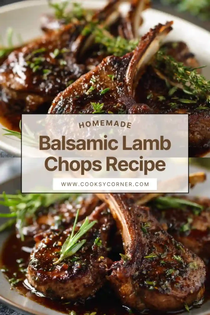 Golden pan seared balsamic lamb chops coated in a glossy garlic balsamic glaze. The lamb is tender and caramelized, served with fresh parsley.