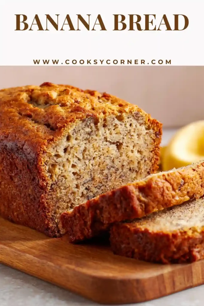 Fresh Banana Bread sliced on a wooden board with soft moist texture.