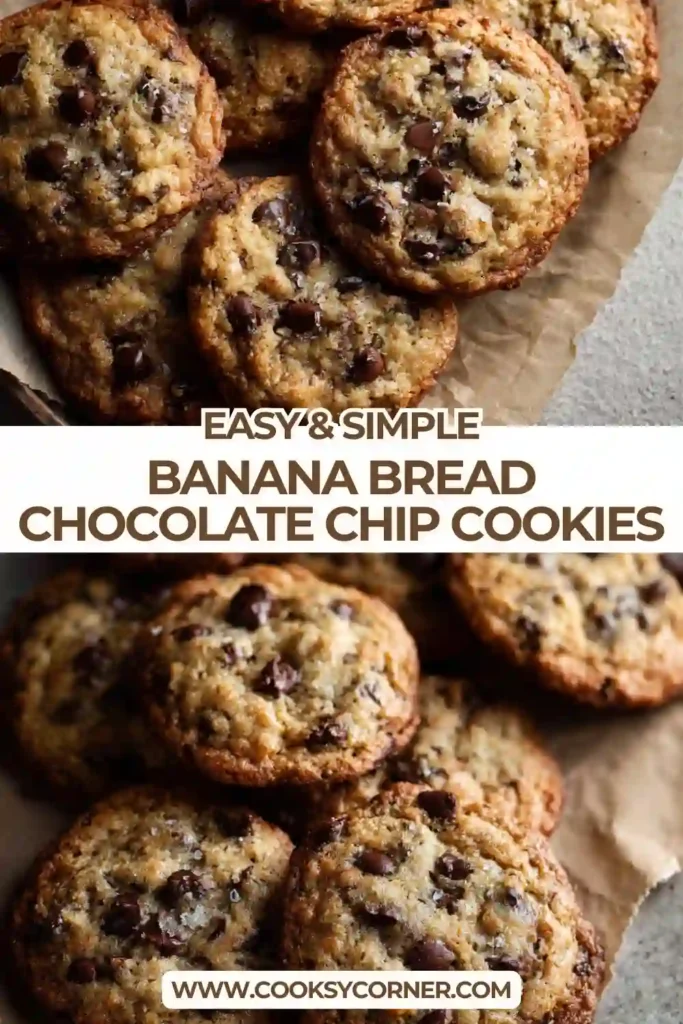 Close-up of chewy banana chocolate chip cookies showing warm cinnamon crumb and gooey chocolate chips. Freshly baked homemade banana dessert.